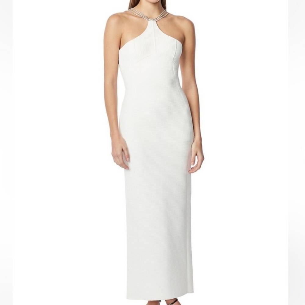 D3. NWT HERVE LEGER HALTER OTTOMAN CRYSTAL TRIM GOWN SIZE XXS